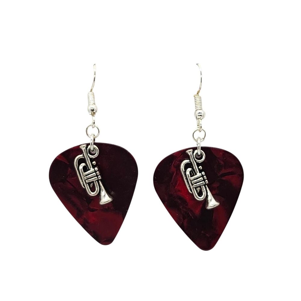 Trumpet Horn Musical Instrument Charm on Guitar Pick Earrings - Choose Color